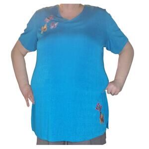 Vintage Y2K Quacker Factory XL Turquoise Butterfly Embroidered Tunic Top Stretch